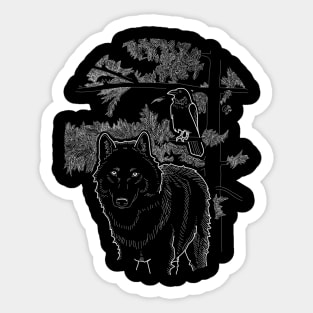 "Wolf and Raven Friends" Dark Lineart with Tree Sticker